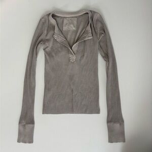 Aerie Ribbed Long-Sleeve Henley Top grey